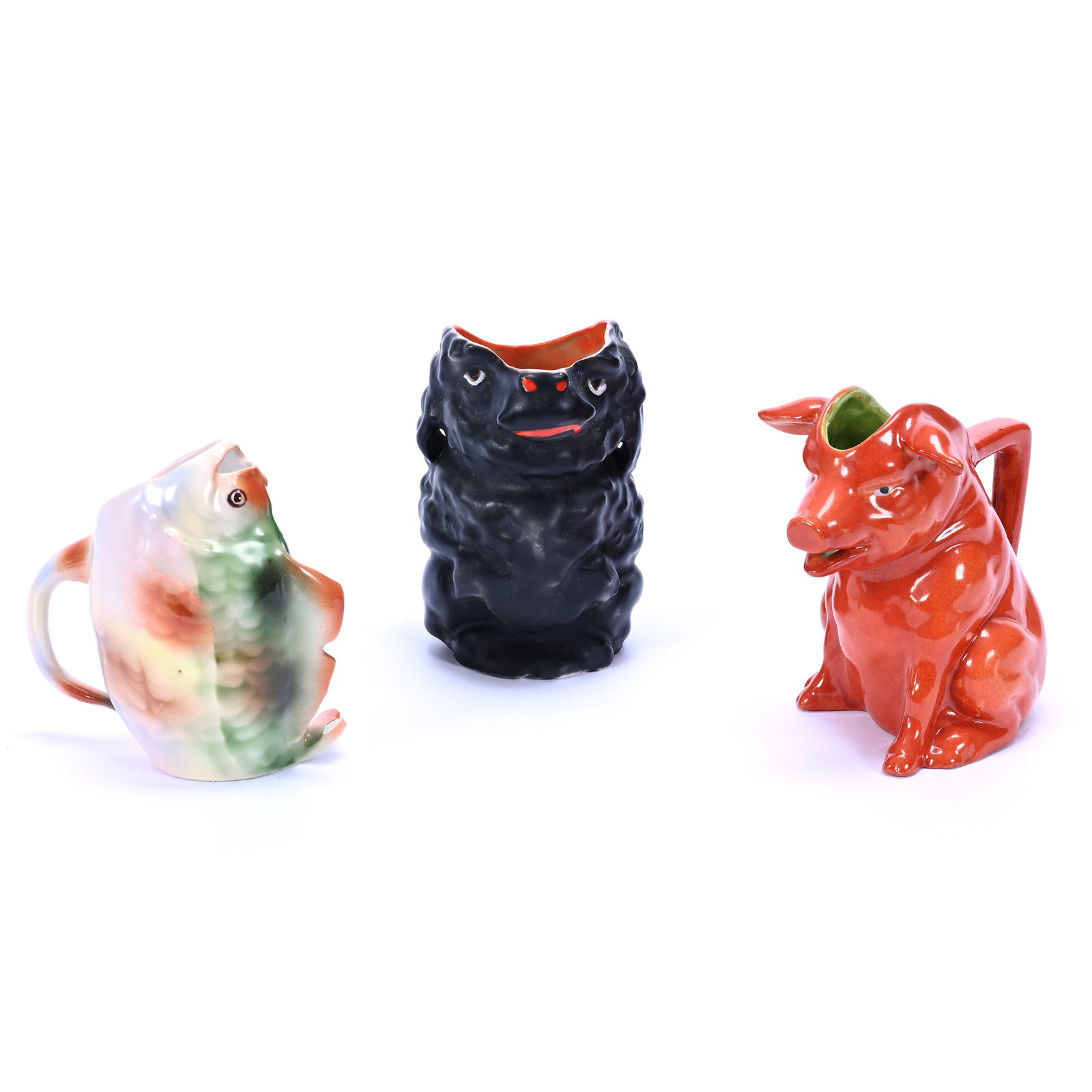 (3) Figural Royal Bayreuth Animal Creamers Including: (3) Figural Royal Bayreuth Animal Creamers Including, (1) 4.5" Black Poodle, Blue Mark, (1) 4" Perch, Blue Mark, Tail Chip, (1) 4.25" Red Pig, Unmarked With Questionable Marks, Private Missouri Collec