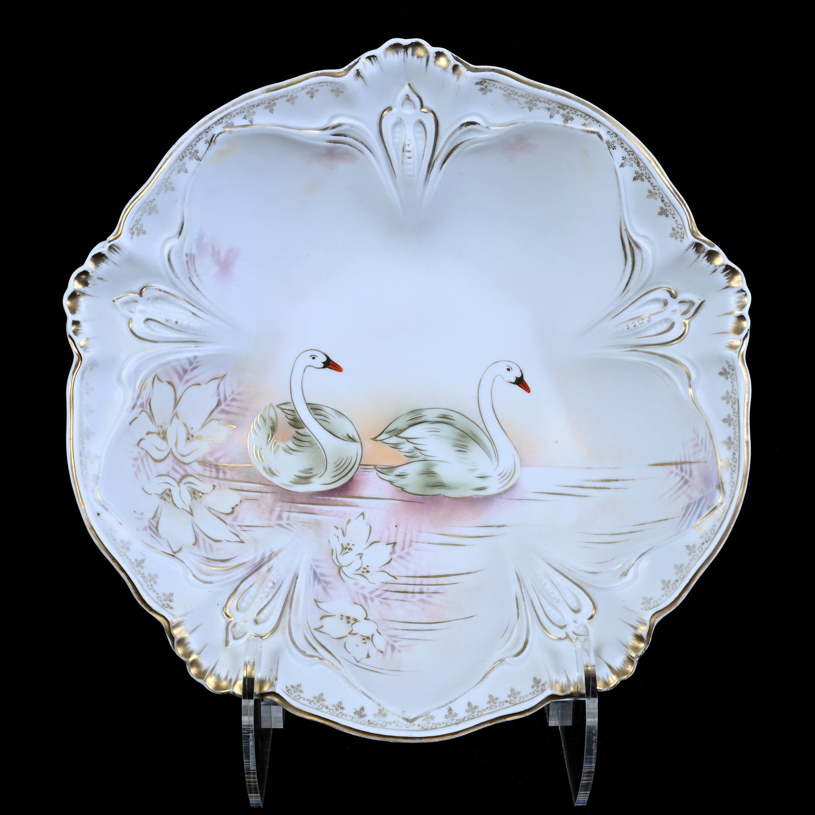 Bowl Marked R.S. Prussia, White And Lavender Satin, Stylized Swan Decor (1 of 2)
