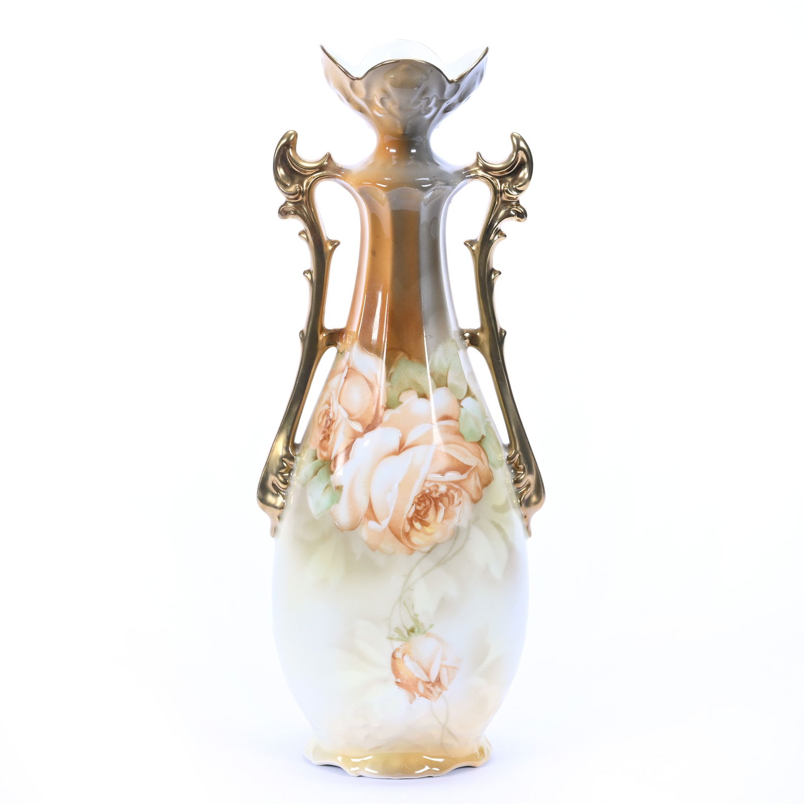 Vase, Two Handles, Marked "Prussian China Germany", Brown And Yellow Tones (1 of 4)