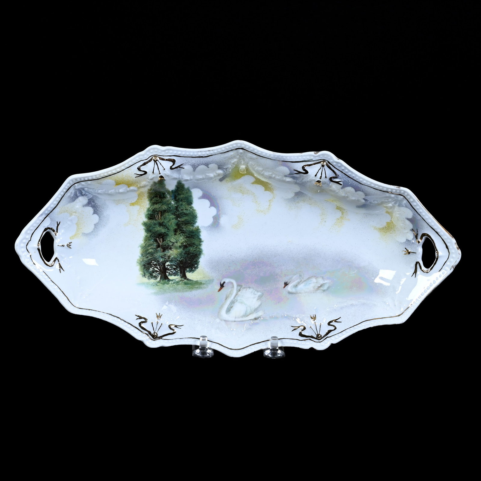 Celery Tray Marked R.S. Prussia, Swag And Tassel Mold: Celery Tray Marked R. S. Prussia, Swag And Tassel Mold, 12.5" x 6", White And Gray Luster Finish, Swan And Evergreen Decor, Neal And Barbara Smith Private Collection, Alabama.