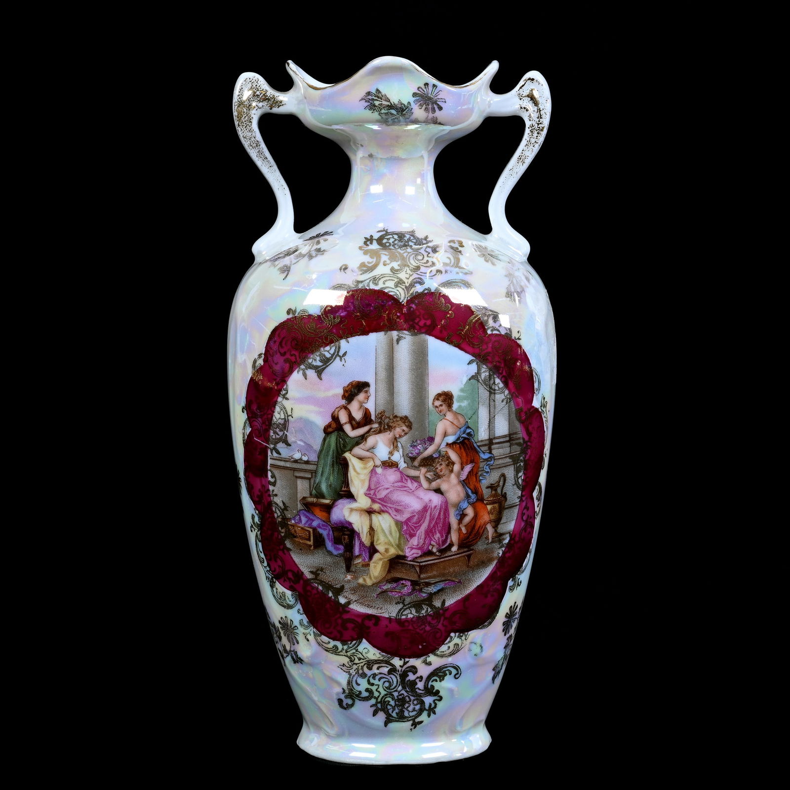 Vase, Two Handles, Unmarked Prov Saxe, White Luster Finish (1 of 3)