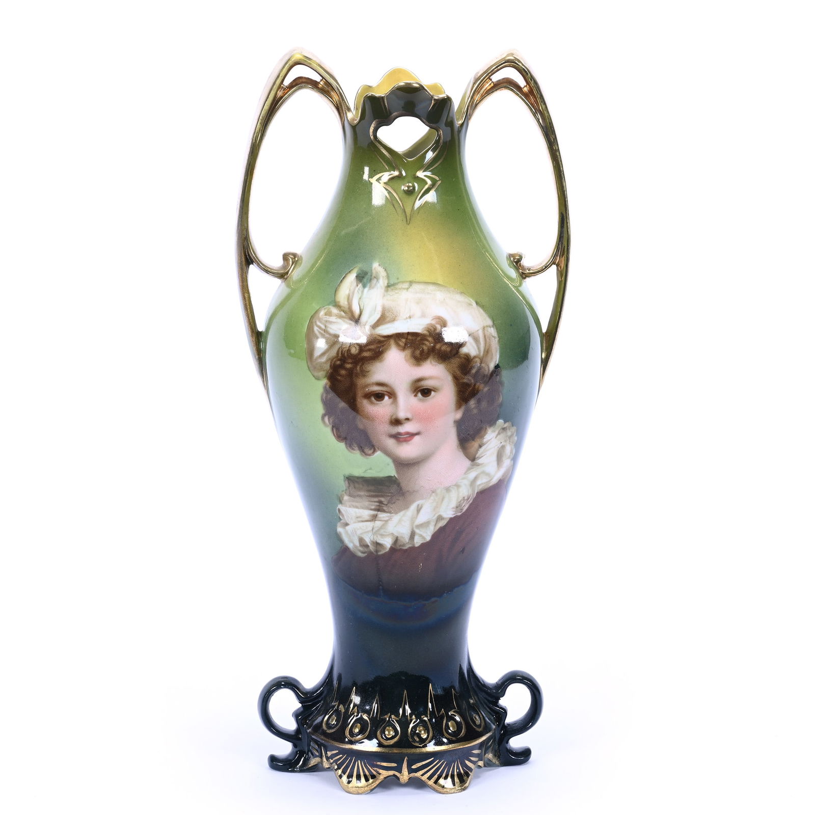 Vase, Two Handles, Marked Royal Vienna, Green And Yellow Tones (1 of 3)