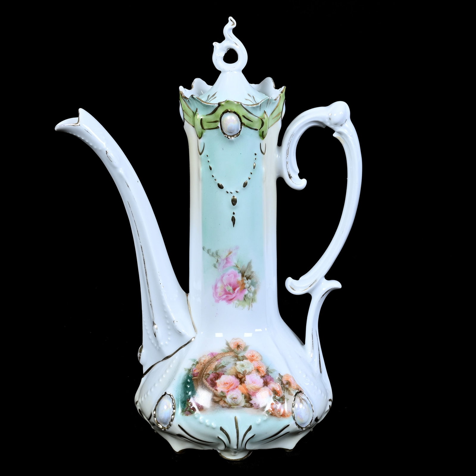 Demitasse Pot Marked R.S. Prussia, Ribbon And Jewel Mold: Demitasse Pot Marked R. S. Prussia, Ribbon And Jewel Mold, 9.5" x 6.5", Spilled Basket Decor, Opal Jewel Highlights, Neal And Barbara Smith Private Collection, Alabama.