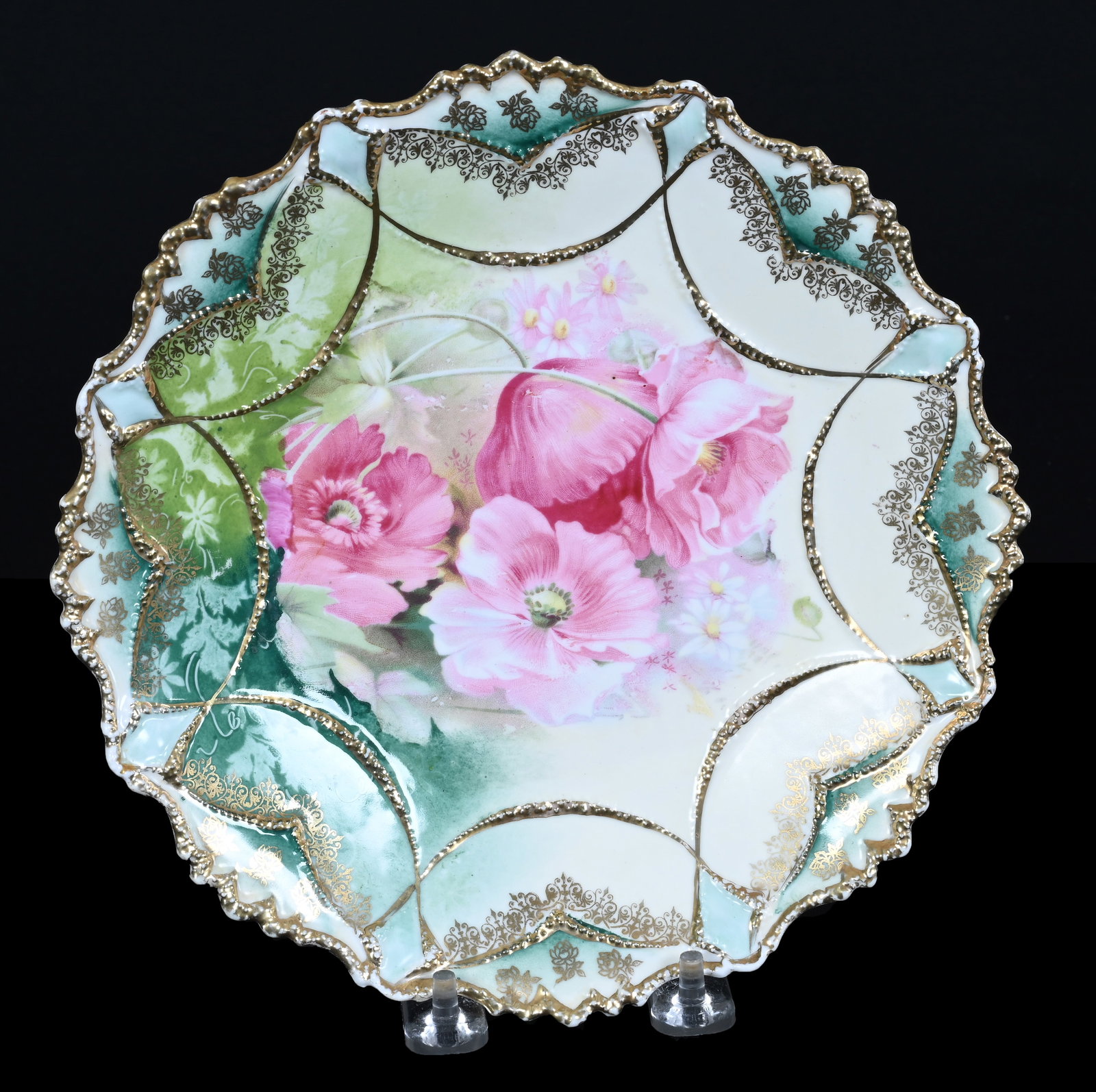 Plate Marked R.S. Prussia, Cream And Green Tones, Pink Poppy Decor: Plate Marked R. S. Prussia, Cream And Green Tones, Pink Poppy Decor, 8.75", Nice Gold Stencil Highlights, Neal And Barbara Smith Private Collection, Alabama.