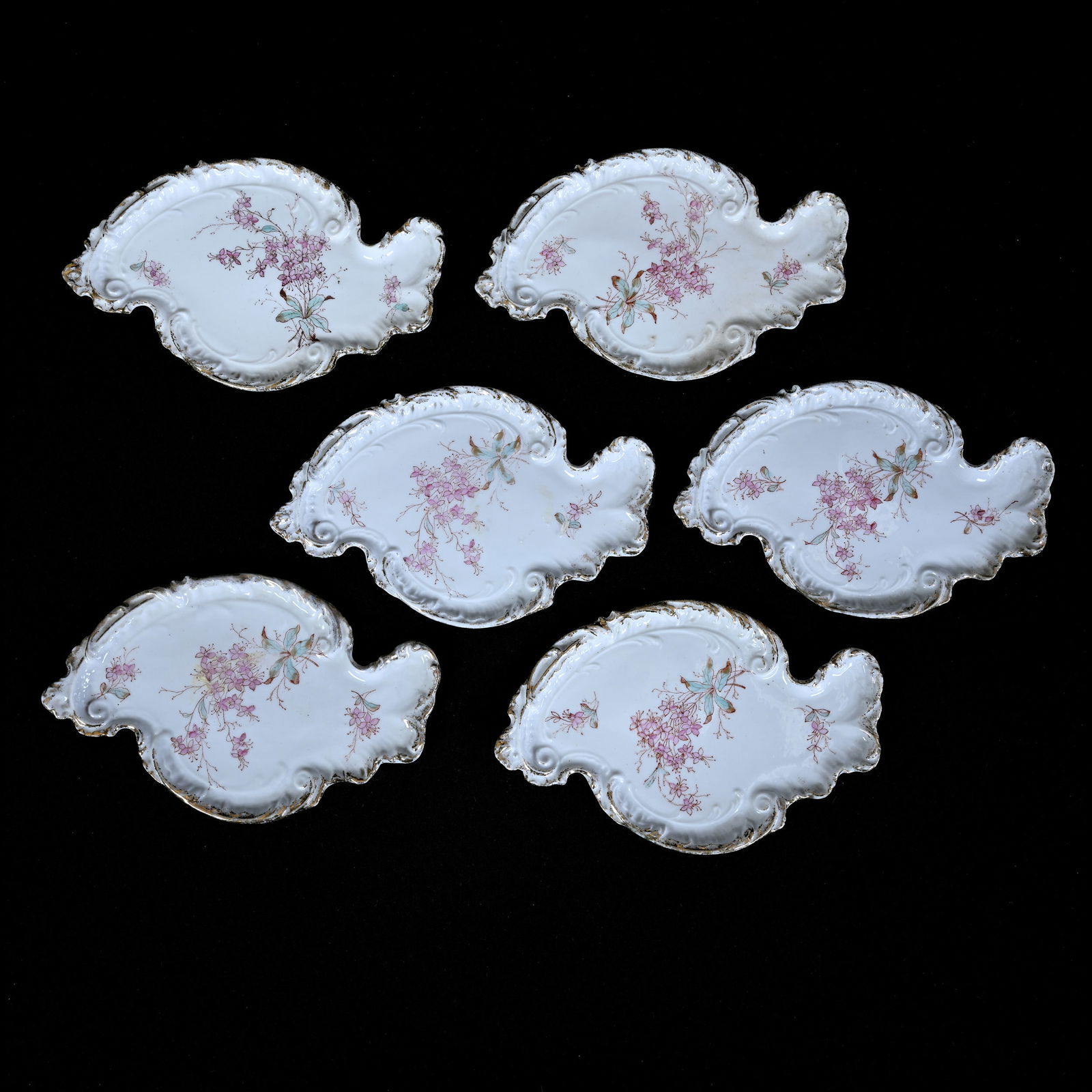 (6) Bone Dishes, Early Prussia Style, White With Pink Floral: (6) Bone Dishes, Early Prussia Style, White With Pink Floral, 6.25" x 4", Neal And Barbara Smith Private Collection, Alabama.