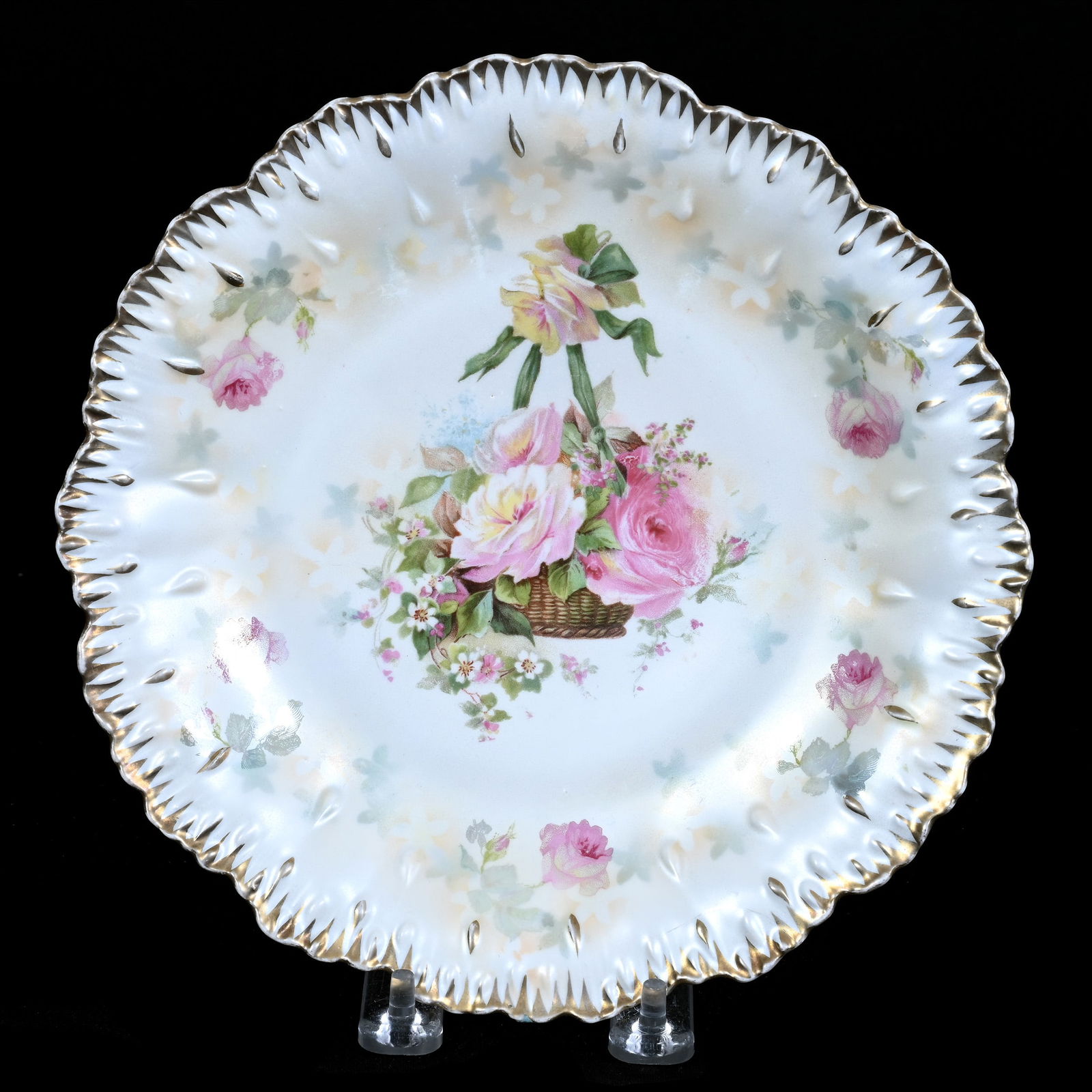 Plate Marked R.S. Prussia, Raindrop Mold, White Satin, Hanging Basket Decor (1 of 2)
