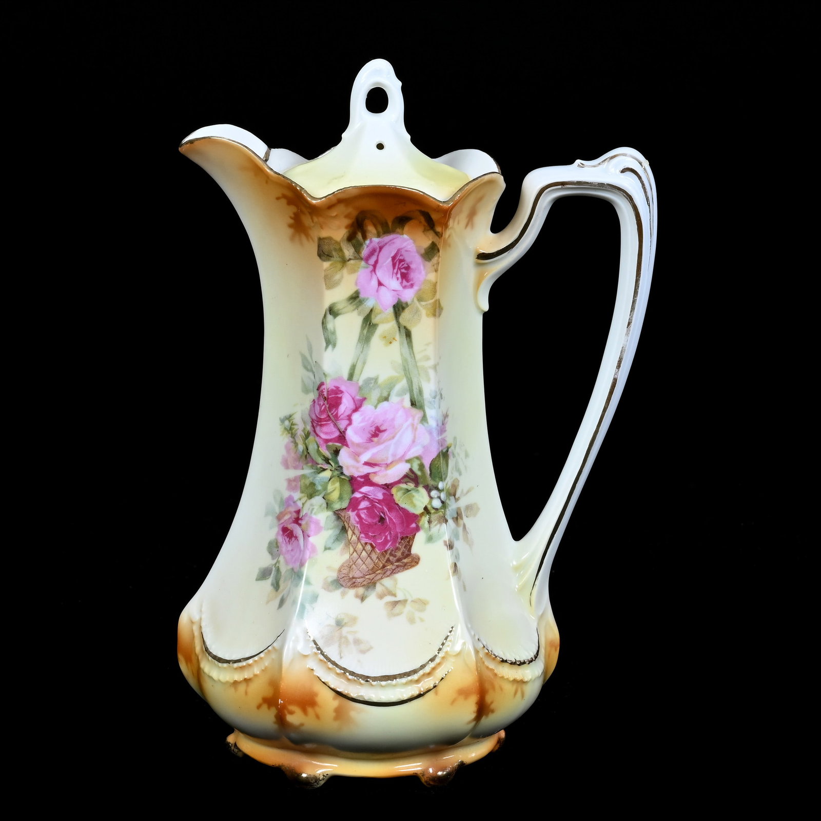 Chocolate Pot Marked R.S. Prussia, Yellow And Brown, Hanging Basket Decor: Chocolate Pot Marked R. S. Prussia, Yellow And Brown, Hanging Basket Decor, 8.75" x 6", Neal And Barbara Smith Private Collection, Alabama.