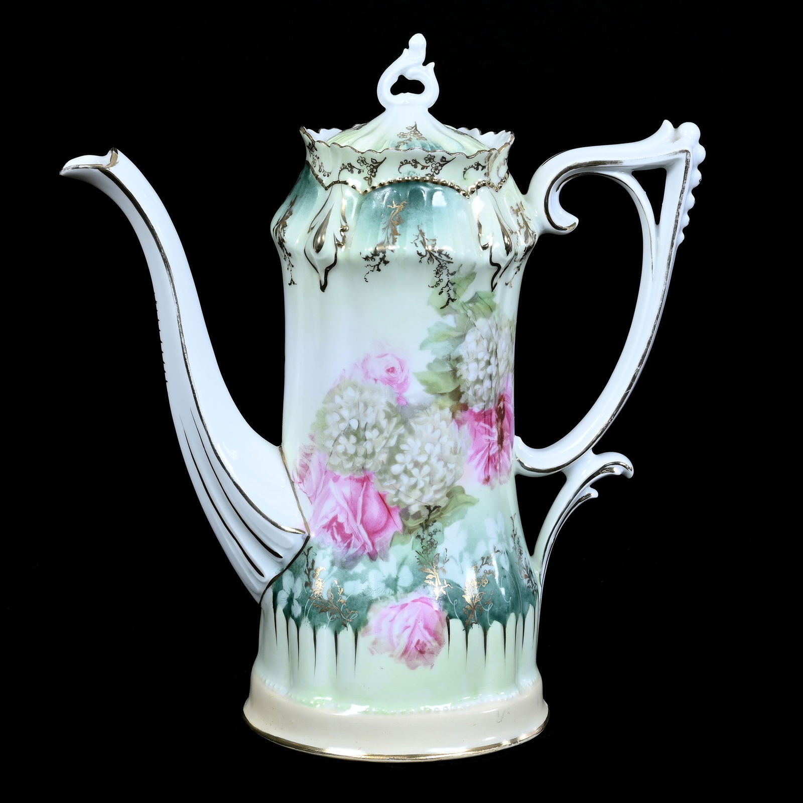 Coffee Pot Marked R.S. Prussia, Green, Cream, And White, Snowball And Rose Decor (1 of 3)