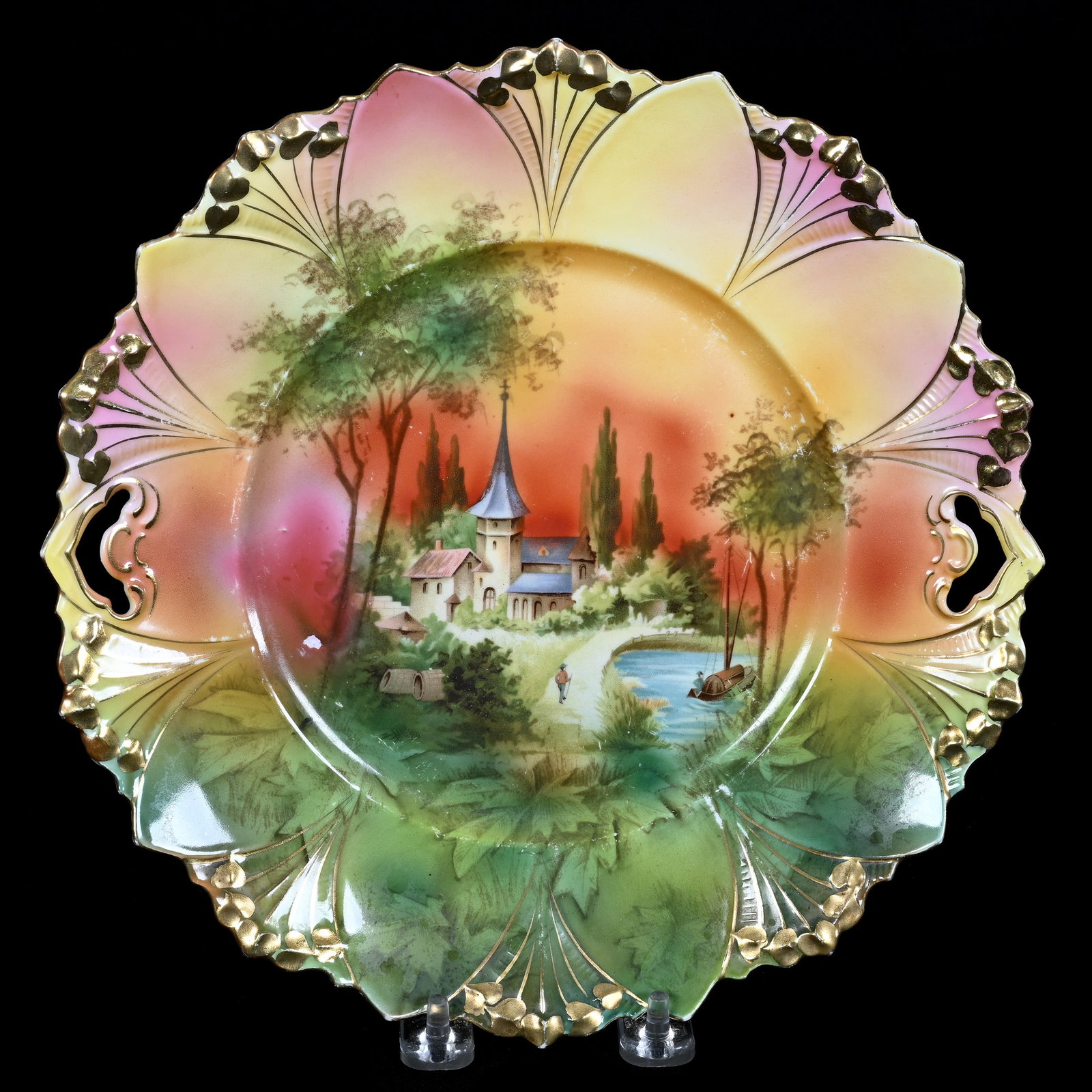 Cake Plate, Unmarked R.S. Prussia, Green, Yellow, And Pink, Castle Decor: Cake Plate, Unmarked R. S. Prussia, Green, Yellow And Pink, Castle Decor, 10", Surface Nick, Neal And Barbara Smith Private Collection, Alabama.