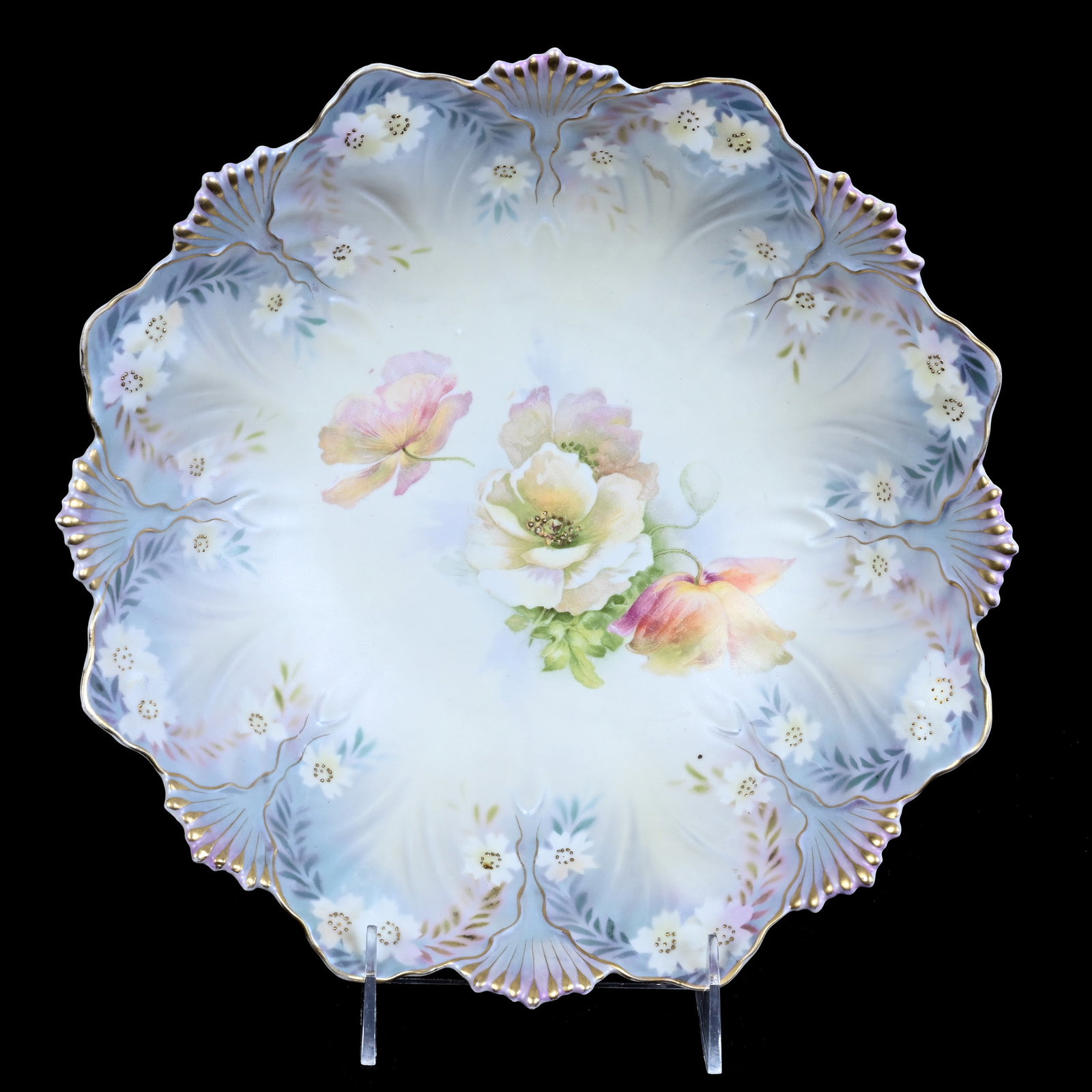 Bowl Marked R.S. Prussia, White With Pastel Blue And Pink Satin Tones: Bowl Marked R. S. Prussia, White With Pastel Blue And Pink Satin Tones, 10.25", Floral Decor, Neal And Barbara Smith Private Collection, Alabama.