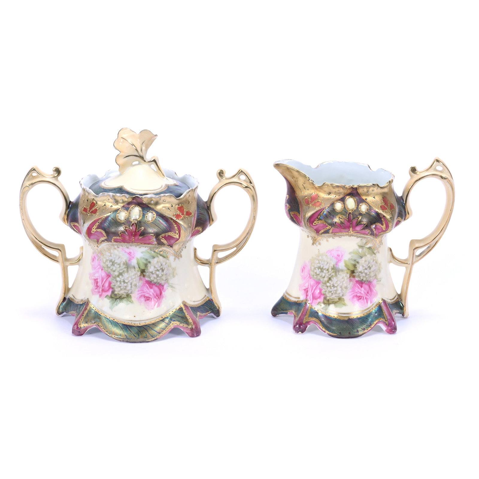 Creamer And Sugar Marked R.S. Prussia, Point And Clover Mold: Creamer And Sugar Marked R. S. Prussia, Point And Clover Mold, 5" x 6", Cream Tones, Snowball And Rose Decor, Excellent Iridescent Peacock Tiffany Border, Red And Gold Highlights, Nice Opal Jewels, At