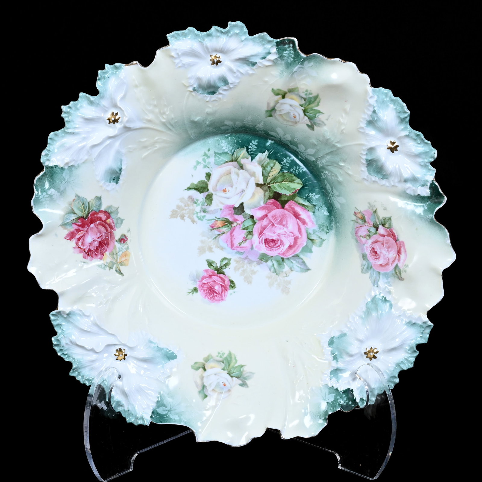 Center Bowl Marked R.S. Prussia, Carnation Mold: Center Bowl Marked R. S. Prussia, Carnation Mold, 15", Green And Yellow Tones, Pink And White Rose Decor, Two Small Surface Nicks On Edge, Neal And Barbara Smith Private Collection, Alabama.