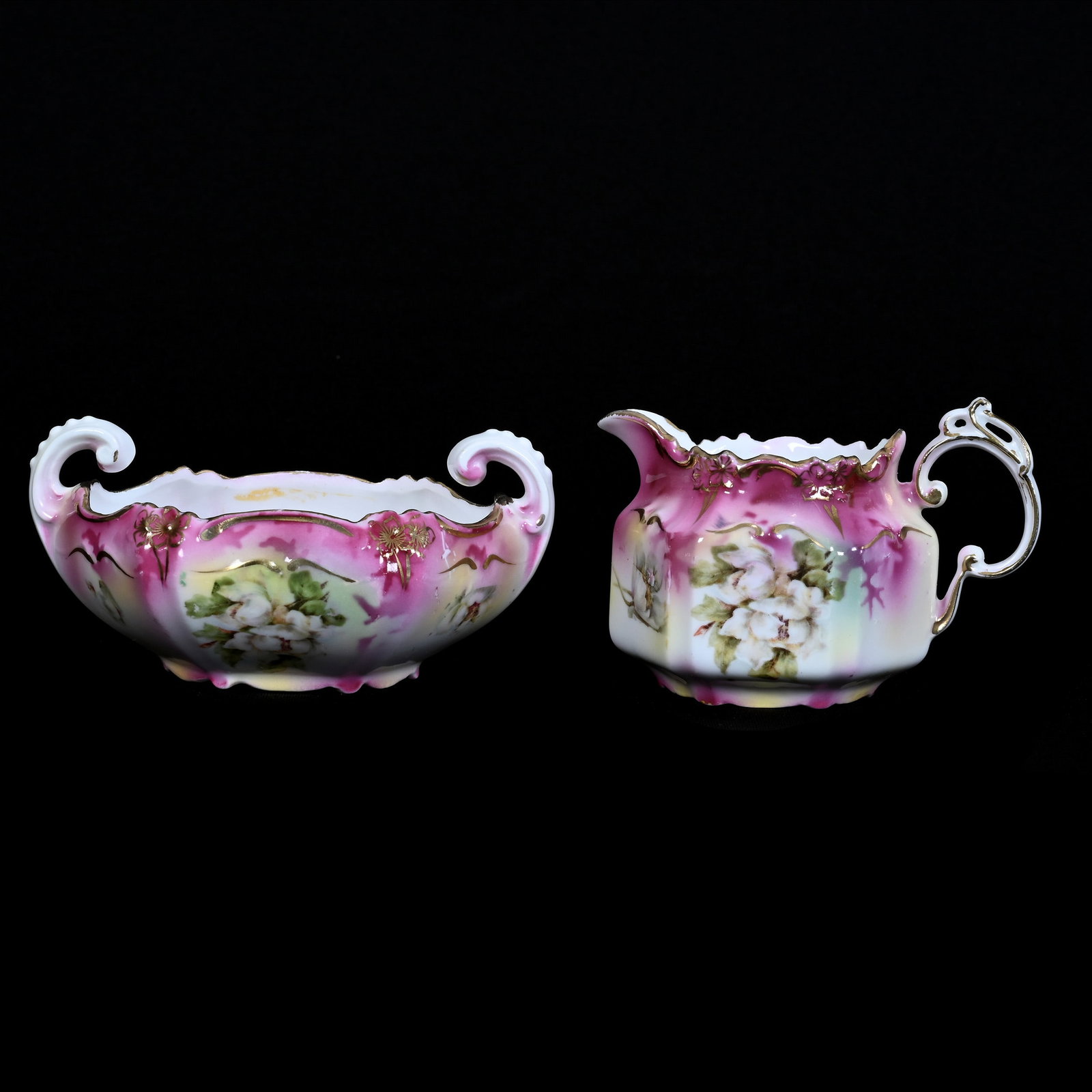 Creamer And Open Sugar Marked R.S. Prussia, Six-Sided, Pink, Yellow And White Tones (1 of 3)