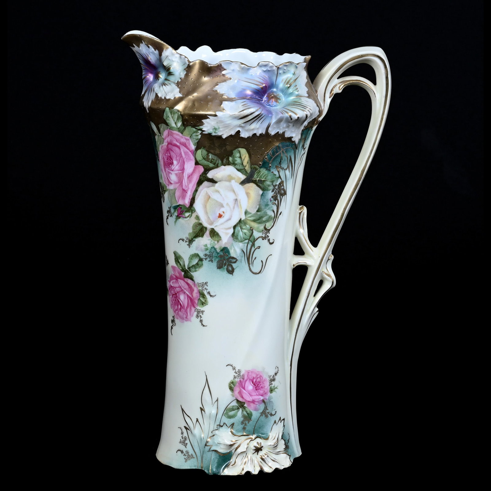 Tankard Marked R.S. Prussia, Carnation Mold, Yellow And Green Tones: Tankard Marked R. S. Prussia, Carnation Mold, Yellow And Green Tones, 13.25" x 8.25", Pink And White Rose Decor, Heavy Gold Border, Unique Satin Carnation Highlights, Small Edge Nick Touch-Up, Neal An