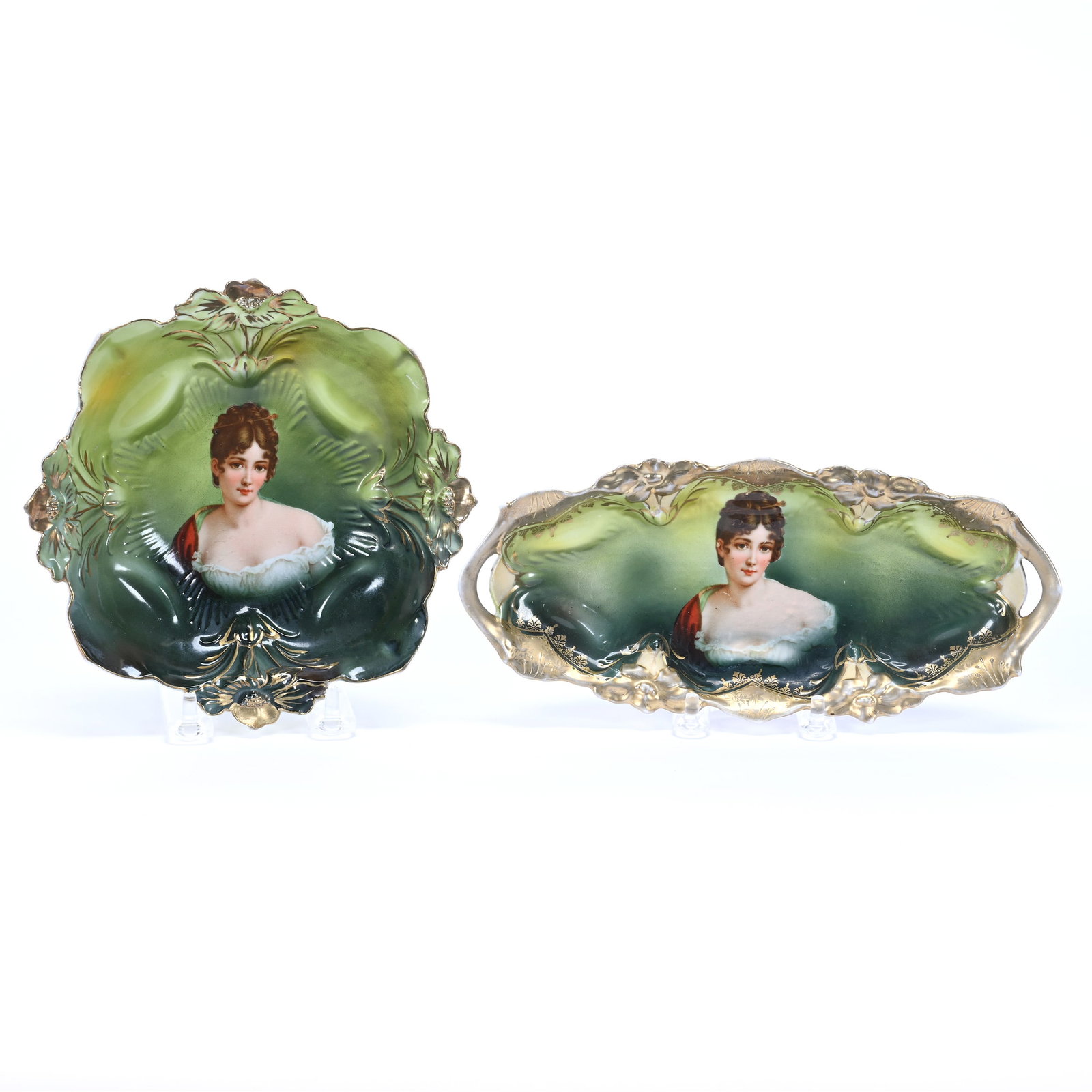 (2) Items, Unmarked R.S. Prussia, Lily Mold, Both Are Green Tones, Potacka Portraits, (1 of 2)