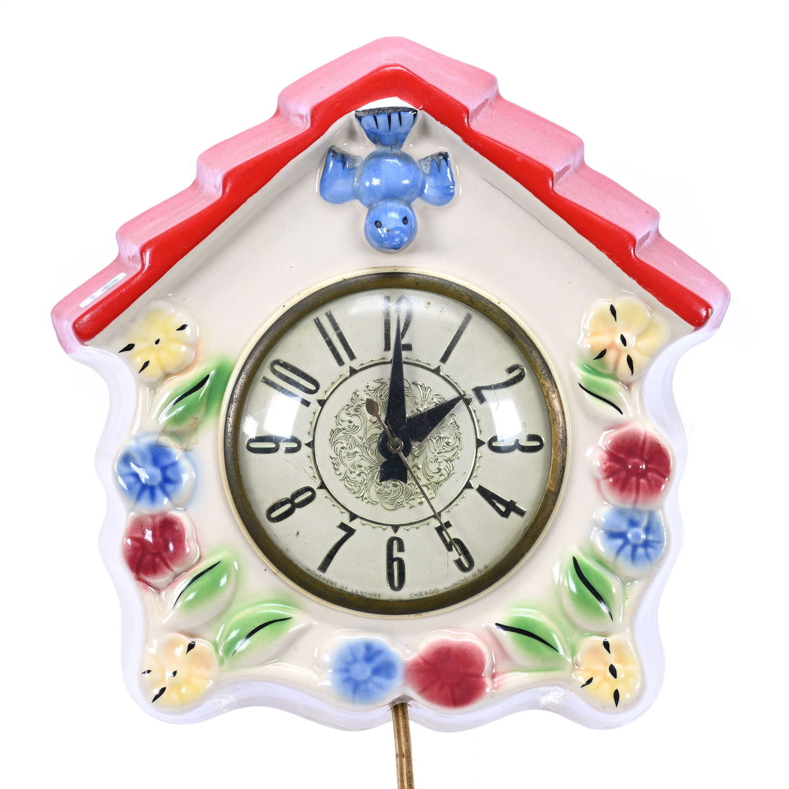 Electric Wall Clock By Hull Pottery, Bird House Case, Lanshire Clock Movements, Circa 1950's (1 of 2)