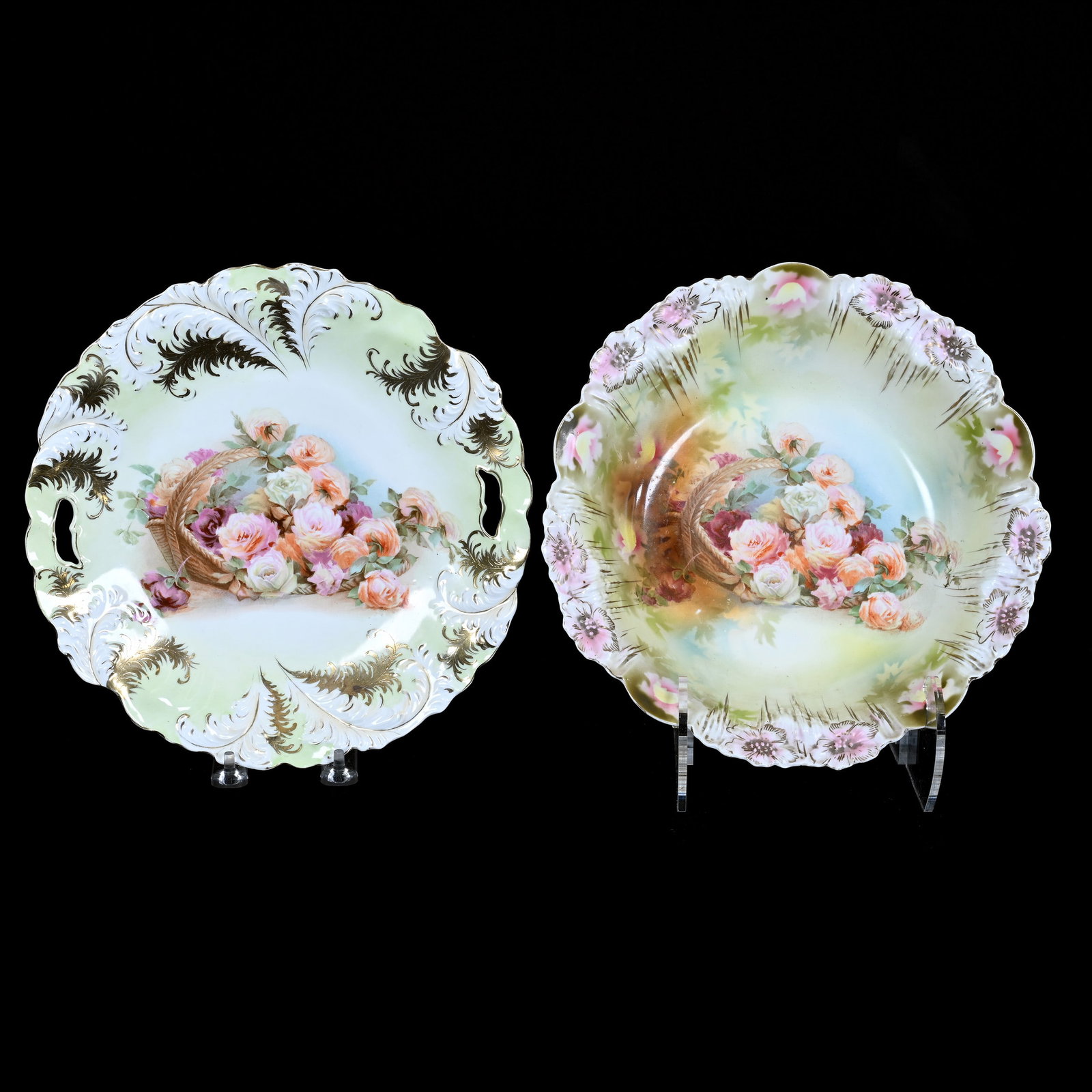 Bowl And Cake Plate Marked R.S. Prussia, Spilled Basket Decor: Bowl And Cake Plate Marked R. S. Prussia, Spilled Basket Decor, 10.25", Cake Plate Is Plume Mold, Bowl Is Icicle Mold With Surface Rim Chip, Private Missouri Collection.