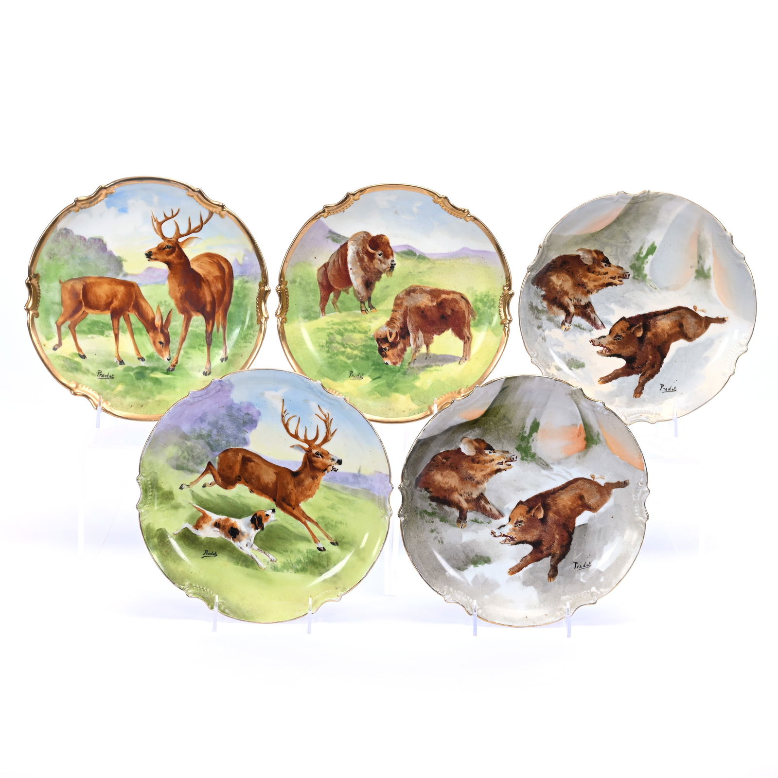 (5) Plates Marked Coronet Limoges, Hand Painted Animal Scenes (1 of 3)