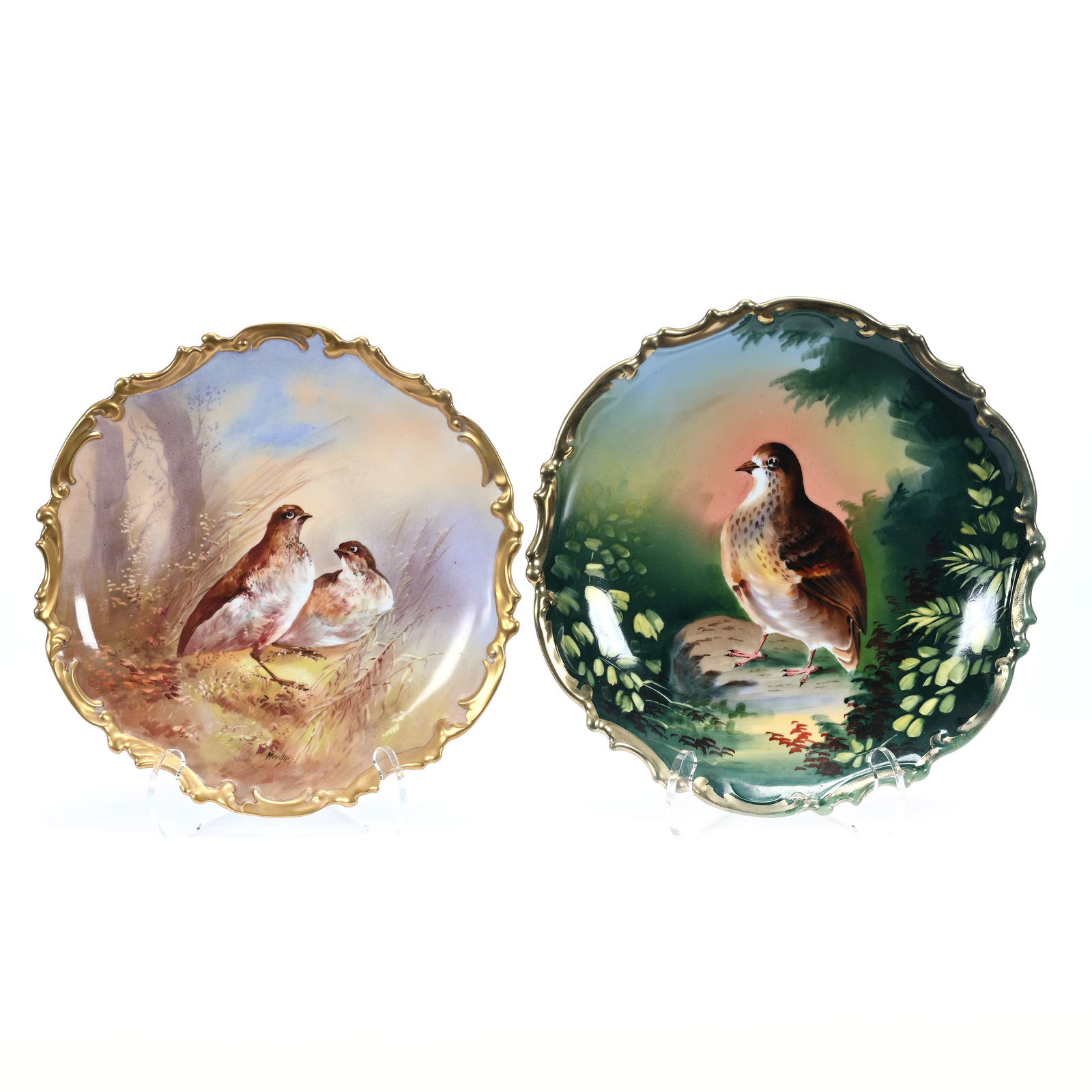 (2) Chargers, Game Bird Decor: (2) Chargers, Game Bird Decor, (1) 13" Marked LS&S Austria (1) 12.5" Marked L. R. L. Limoges, Private Missouri Collection.