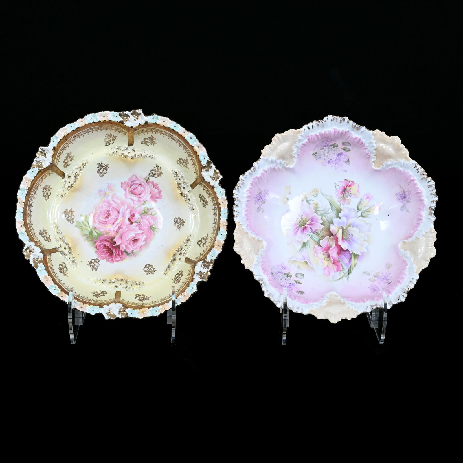 (2) Bowls, R.S. Prussia: (2) Bowls, R. S. Prussia, 10.5" approximately, (1) Pink Cream And White Tones, Floral Decor, (1) Marked Wheelock Prussia, Cream Tones, Pink Rose Decor, Gold Stencil Highlights, Private Missouri Collec