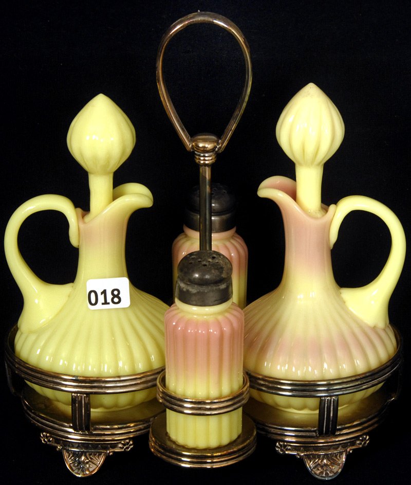 RARE! 9" X 8 1/2" MT. WASHINGTON RIBBED GLOSSY BURM: RARE! 9" X 8 1/2" MT. WASHINGTON RIBBED GLOSSY BURMESE CONDIMENT SET (2) CRUETS, SALT & PEPPER SET ON PAIRPOINT #735 SILVERPLATE FRAME - NICE!