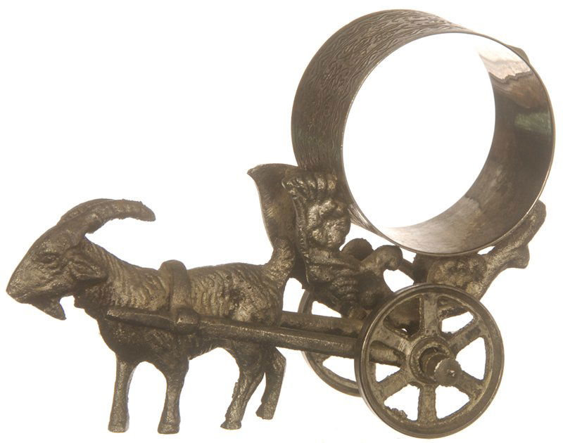 3" X 4 1/2" SILVERPLATE FIGURAL NAPKIN RING HOLDER: 3" X 4 1/2" SILVERPLATE FIGURAL NAPKIN RING HOLDER GOAT PULLING CART