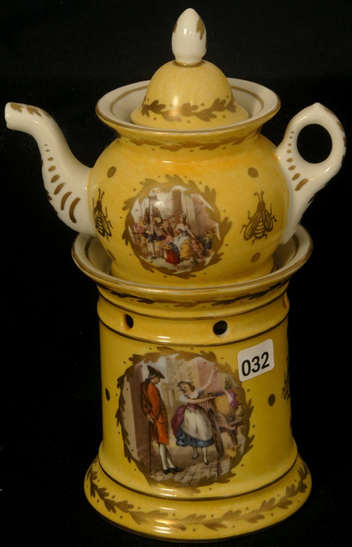 10" MARKED LIMOGES FOUR PIECE TEAPOT CANDLE LAMP: 10" MARKED LIMOGES FOUR PIECE TEAPOT CANDLE LAMP BASE, SHOE SHAPED CANDLE HOLDER, TEA POT & LID - YELLOW W/ CLASSIC COURTING SCENE W/ GOLD ENAMEL HIGHLIGHTS