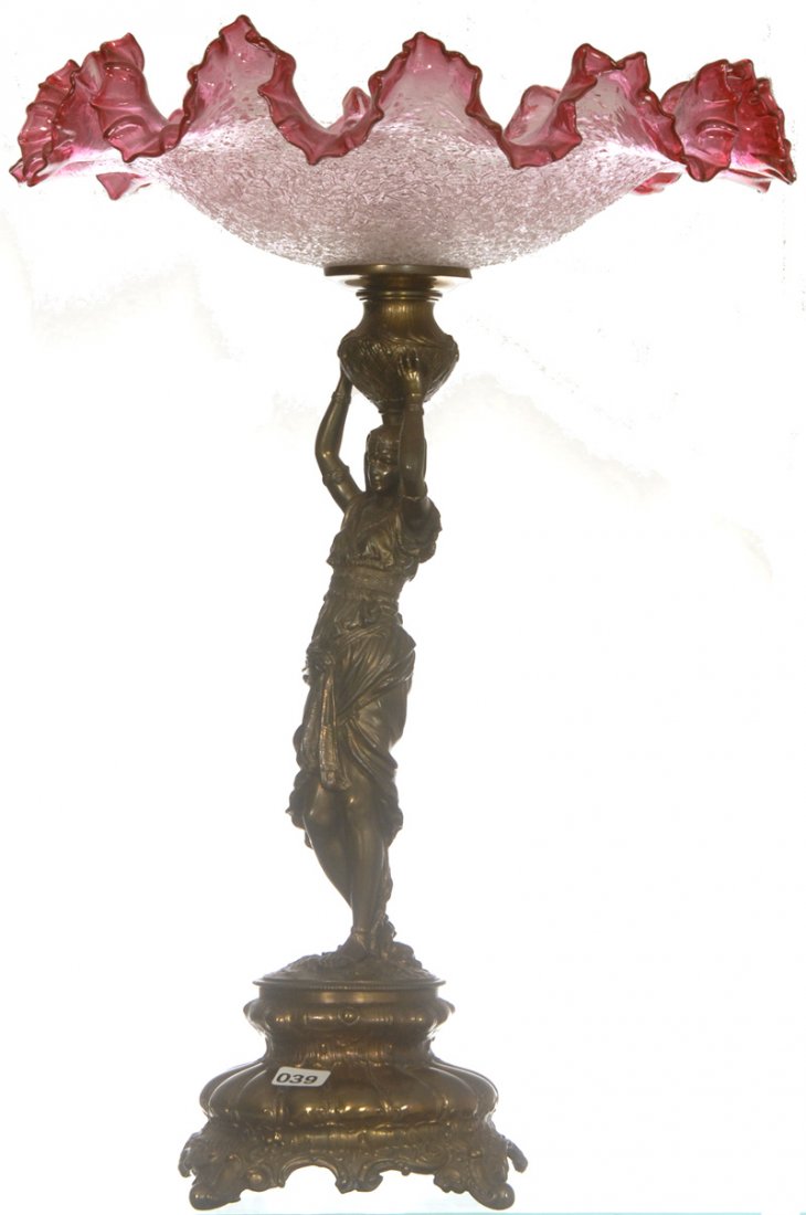 19" X 13" ART GLASS CENTER PIECE BOWL ON FIGURAL EG: 19" X 13" ART GLASS CENTER PIECE BOWL ON FIGURAL EGYPTIAN WOMAN STAND CRANBERRY CRACKLE GLASS RUFFLED BOWL - GILT METAL STAND