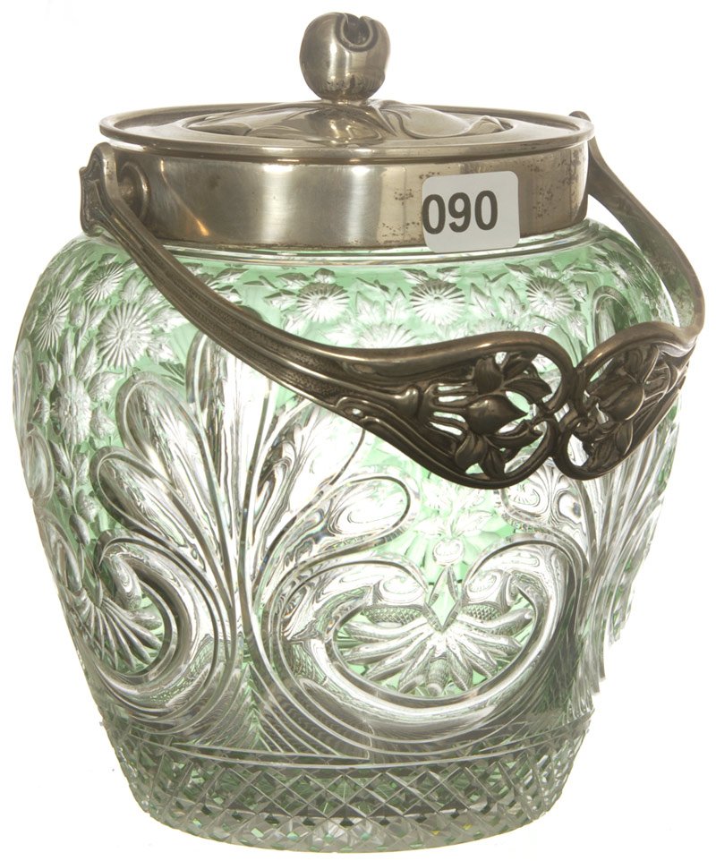 BEAUTIFUL 7" STEVENS AND WILLIAMS GREEN CUT TO CLEA: BEAUTIFUL 7" STEVENS AND WILLIAMS GREEN CUT TO CLEAR BISCUIT JAR ELABORATE SILVERPLATE TOP - FANCY ROCOCO & ENGRAVED FLORAL DESIGN - MUST SEE!