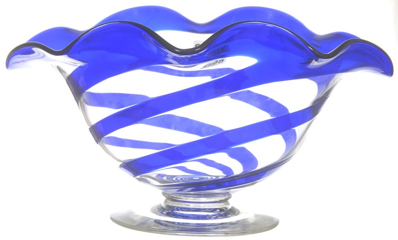 6 1/2" X 12" PAIRPOINT PEDESTAL OVAL SHAPED BOWL, B: 6 1/2" X 12" PAIRPOINT PEDESTAL OVAL SHAPED BOWL, BLUE TWIST GLASS AS FEATURED IN MT. WASHINGTON AND PAIRPOINT GLASS BY WILSON & SPILLMAN VOL 2 PAGE 305