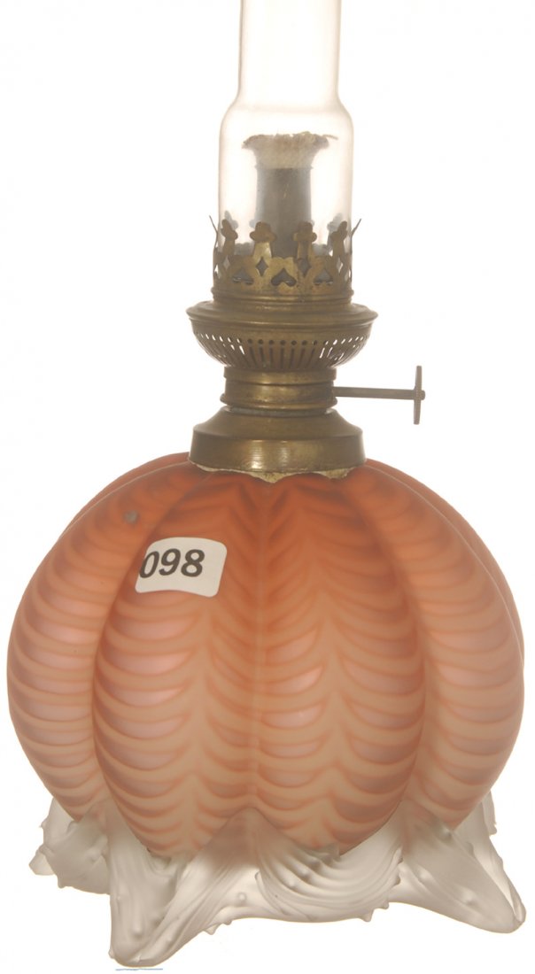 8" APRICOT SATIN MELON RIBBED SPIDER WEBB MOTHER OF: 8" APRICOT SATIN MELON RIBBED SPIDER WEBB MOTHER OF PEARL KEROSENE LAMP FROSTED APPLIED THORN BASE, MINOR NICKS ON FEAT