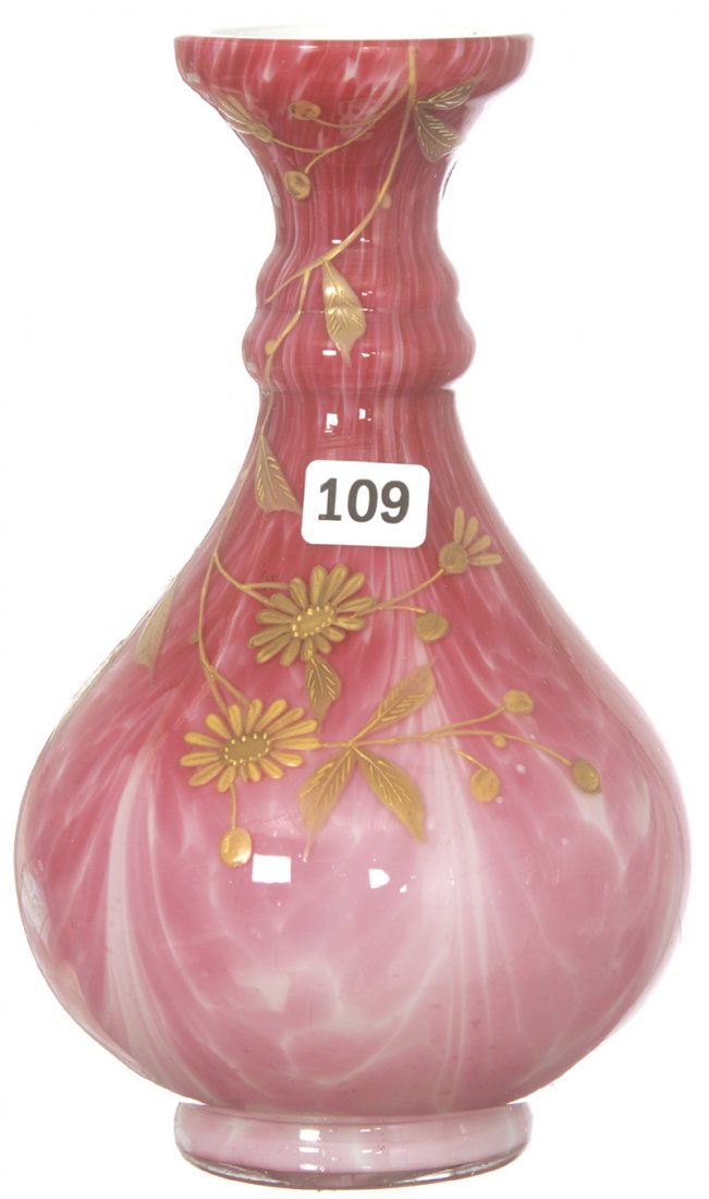 8 1/4" WEBB CASED ART GLASS BOWLING PIN SHAPED VAS: 8 1/4" WEBB CASED ART GLASS BOWLING PIN SHAPED VASE PINK AND WHITE MOTTLED DESIGN WITH GOLD ENAMEL DECOR