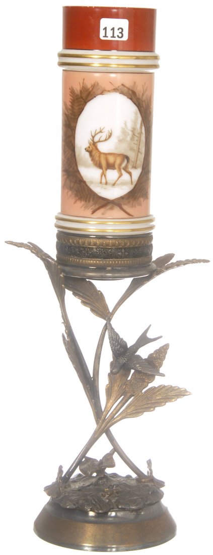 17" WHITE OPALINE VASE SET ON ELABORATE MERIDIAN S: 17" WHITE OPALINE VASE SET ON ELABORATE MERIDIAN SILVERPLATE STAND PINK AND ORANGE TONES WITH STAG SCENE DECOR