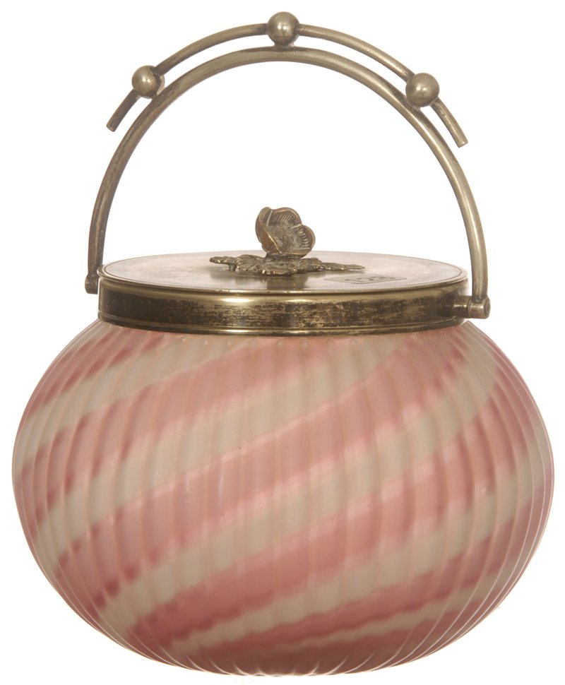 5 1/2" STEVENS AND WILLIAMS ART GLASS BISCUIT JAR: 5 1/2" STEVENS AND WILLIAMS ART GLASS BISCUIT JAR MELON RIBBED WITH PINK AND WHITE CANDY STRIPE DESIGN, SILVERPLATE LID AND BAIL
