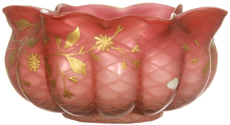 4 3/4" X 10" PINK SATIN DIAMOND QUILTED MELON RIBB: 4 3/4" X 10" PINK SATIN DIAMOND QUILTED MELON RIBBED ART GLASS BRIDES BOWL BY WEBB, GOLD ENAMEL FLORAL DECOR, LARGE THUMB SIZE GLASS LAYER MISSING ON BACK SIDE, 4 1/2" BASE DIAMETER