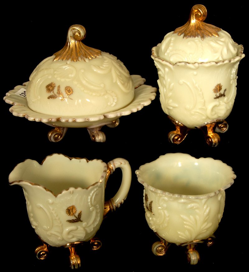 FOUR PIECE CUSTARD GLASS LOUIS XV PATTERN TABLE SE: FOUR PIECE CUSTARD GLASS LOUIS XV PATTERN TABLE SET BUTTER DISH, CREAMER, SUGAR AND SPOONER, NICE GOLD HIGHLIGHTS