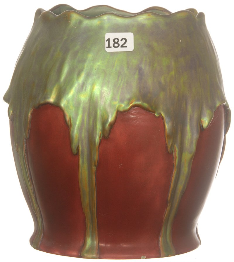 7 3/4" MARKED ZSOLNAY IRIDESCENT ART POTTERY VASE,: 7 3/4" MARKED ZSOLNAY IRIDESCENT ART POTTERY VASE, RED AND GREEN STYLIZED DESIGN MINOR BASE NICKS
