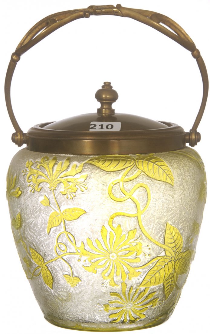 7" UNMARKED CAMEO CUT YELLOW TO CLEAR ART GLASS BI: 7" UNMARKED CAMEO CUT YELLOW TO CLEAR ART GLASS BISCUIT JAR BLOSSOM AND VINE DECOR, BRASS COLOR LID AND BAIL, ATTRIBUTED TO VAL ST LAMBERT