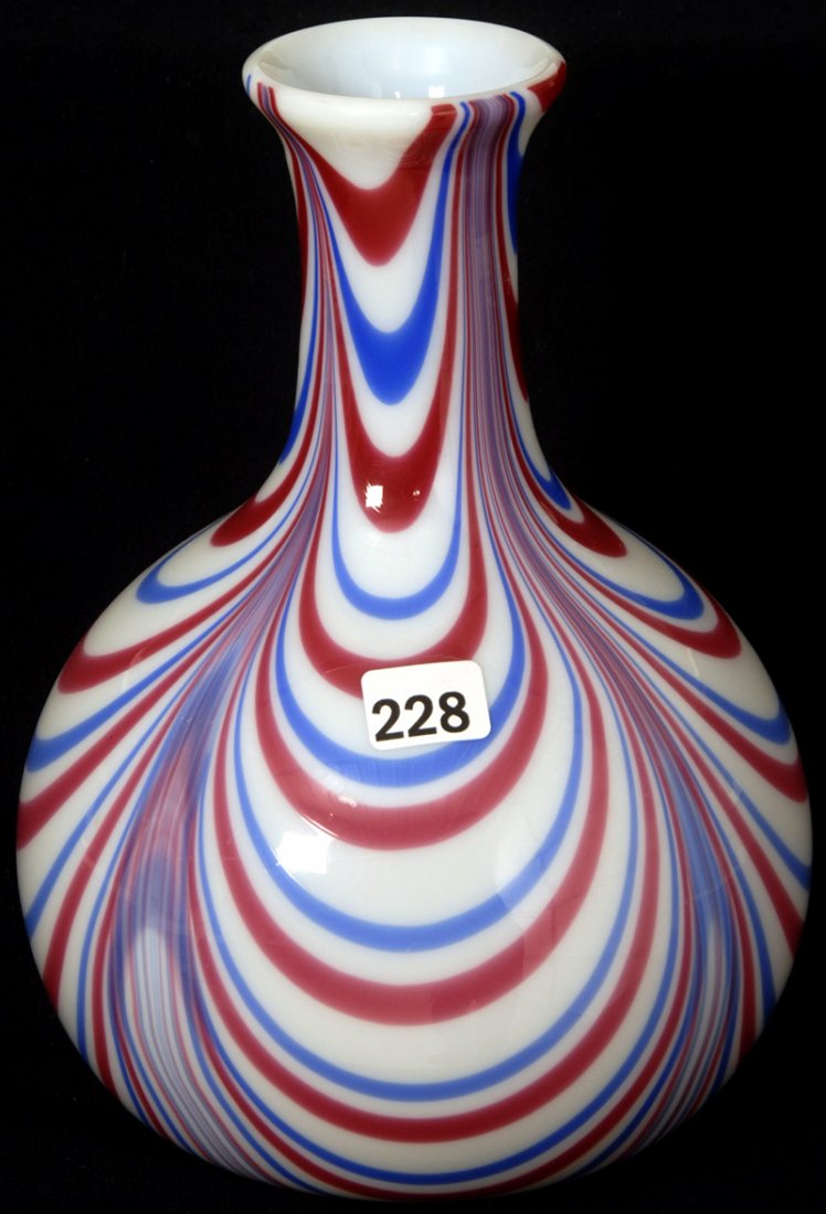 8 1/2" WHITE OPALINE ART GLASS WATER CARAFE: 8 1/2" WHITE OPALINE ART GLASS WATER CARAFE BLUE AND RED NAILSEA DESIGN, PATRIOTIC APPEARANCE