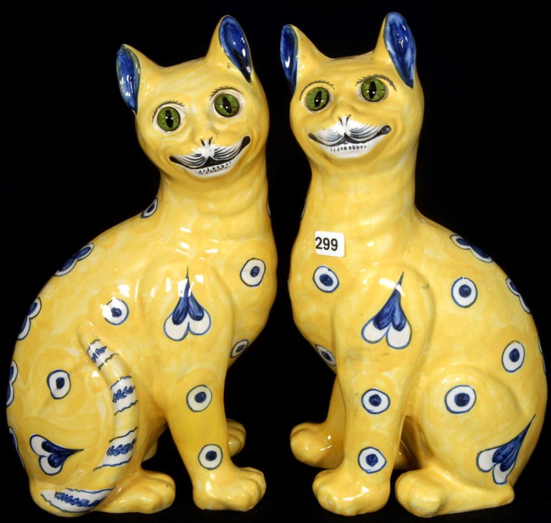 VERY RARE PAIR 13" SIGNED E. GALLE NANCY ART POTTE: VERY RARE PAIR 13" SIGNED E. GALLE NANCY ART POTTERY "CHESHIRE CATS" YELLOW BODIES WITH BLUE AND WHITE DECORATIVE HIGHLIGHTS, GLASS EYES, BOTH IN EXCELLENT CONDITION