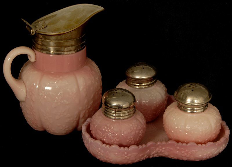 FIVE PIECE FORGET ME NOT PATTERN PINK AGATA COLORE: FIVE PIECE FORGET ME NOT PATTERN PINK AGATA COLORED CONDIMENT SET MADE BY CHALLINOR AND TAYLOR