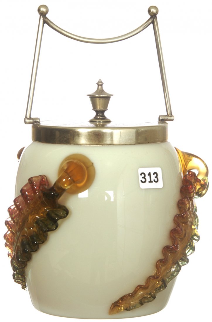 7" STEVENS AND WILLIAMS CASED ART GLASS BISCUIT JA: 7" STEVENS AND WILLIAMS CASED ART GLASS BISCUIT JAR WHITE EXTERIOR, PINK INTERIOR, THREE APPLIED AMBER LEAFS, SILVERPLATE LID AND BAIL