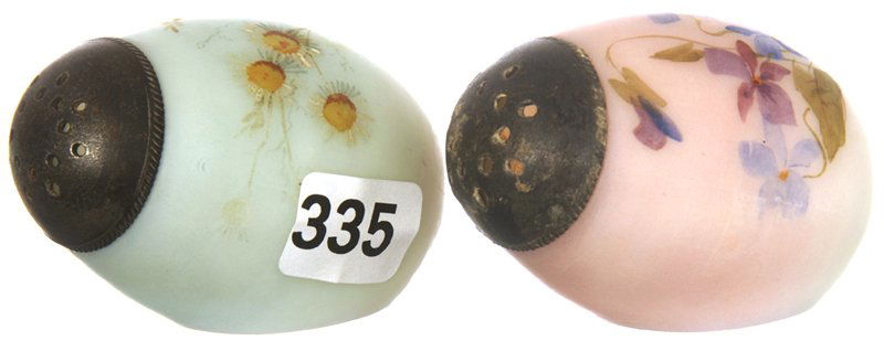 MT WASHINGTON EGG SHAPED LAY DOWN SALT AND PEPPER: MT WASHINGTON EGG SHAPED LAY DOWN SALT AND PEPPER SHAKERS ONE PINK, ONE BLUE, FLORAL DECOR
