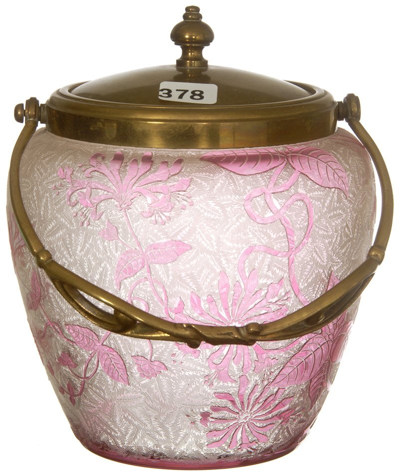 7" CAMEO CUT ART GLASS BISCUIT JAR: 7" CAMEO CUT ART GLASS BISCUIT JAR CRANBERRY FLORAL CUT OVER ACID BACKGROUND, ATTRIBUTED TO VAL ST LAMBERT, BRASS COLORED LID AND BAIL