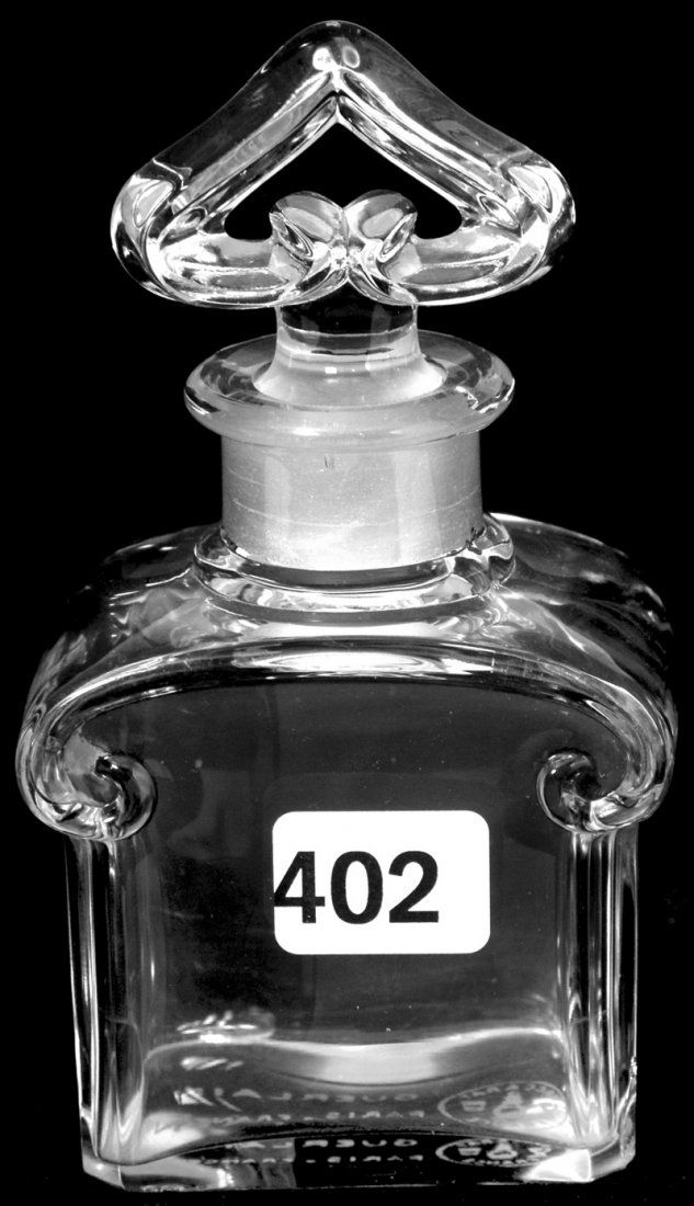 4 3/4" SIGNED BACCARAT CLEAR ART GLASS PERFUME BOT: 4 3/4" SIGNED BACCARAT CLEAR ART GLASS PERFUME BOTTLE SPADE SHAPED STOPPER, ACID STAMP "GUERLAIN"