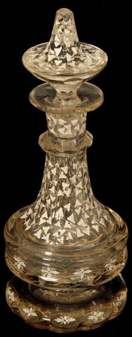 8 3/4" CLEAR BOHEMIAN ART GLASS PEDESTAL DECANTER: 8 3/4" CLEAR BOHEMIAN ART GLASS PEDESTAL DECANTER WHITE ENAMEL VINE DECOR WITH GOLD STENCIL HIGHLIGHTS