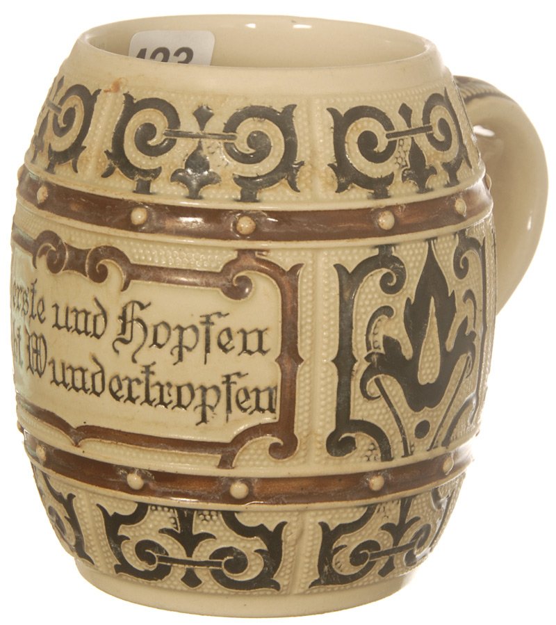 4 1/2" UNMARKED METTLACH STYLE BARREL SHAPED MUG: 4 1/2" UNMARKED METTLACH STYLE BARREL SHAPED MUG GEOMETRIC DESIGN WITH GERMAN BANNER "GERSTE UND HOPFEN GIEBT WUNDERTROPFEN"