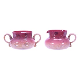 Creamer And Sugar Set, Pink Agata Art Glass By New England Glass, Gloss Finish, Nice Mottling