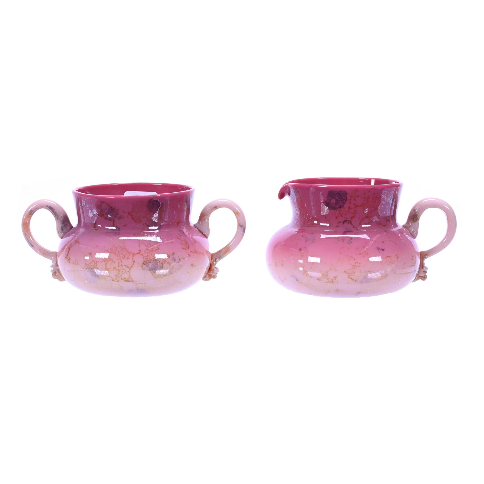 Creamer And Sugar Set, Pink Agata Art Glass By New England Glass, Gloss Finish, Nice Mottling (1 of 3)