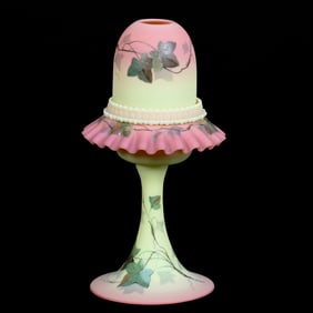 Pedestal Fairy Lamp, Three Piece, Decorated Burmese Art Glass